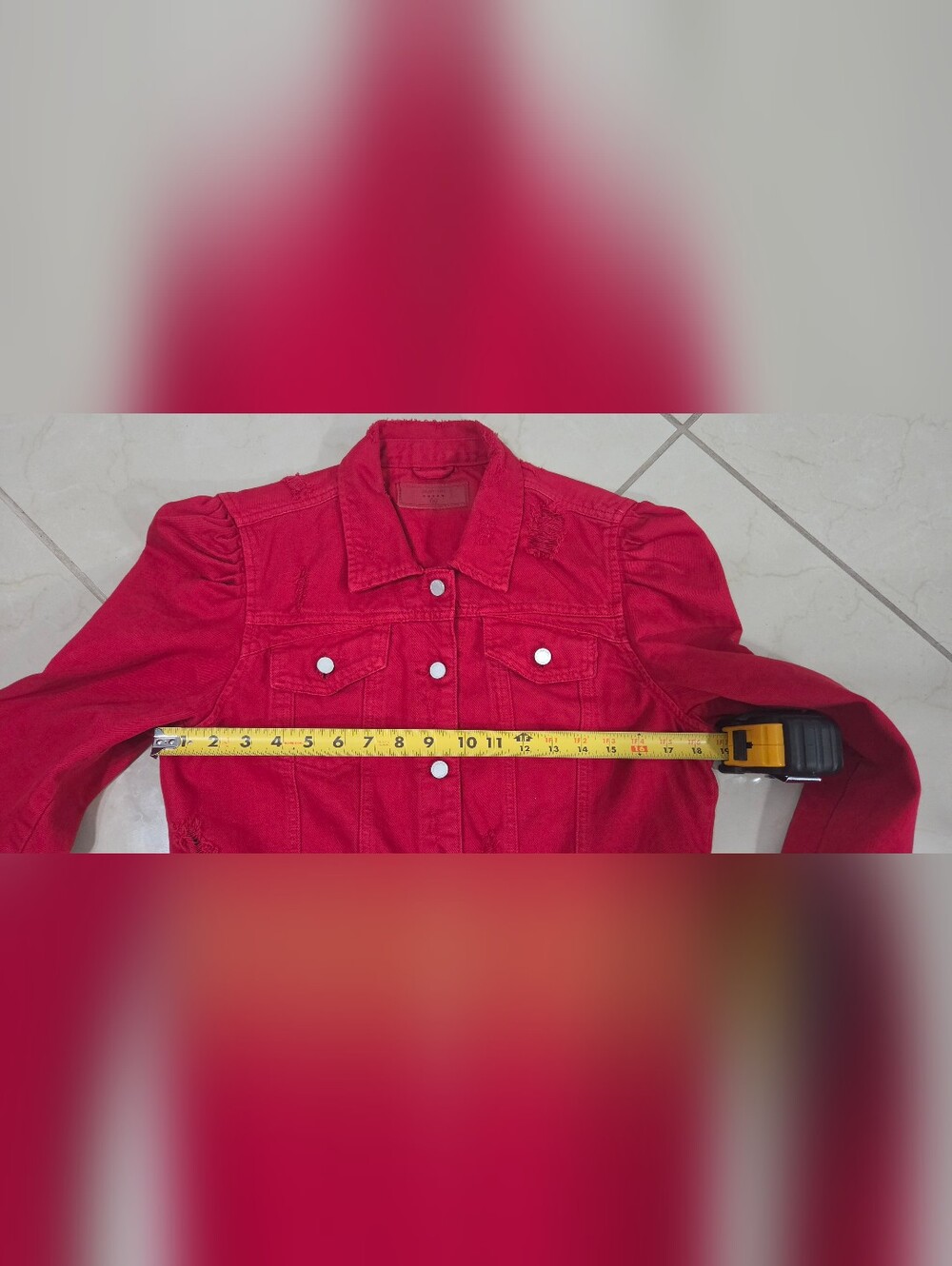 BLANKNYC Denim Jacket M Red Cropped Distressed Puff Sleeve Edgy Grunge Rocker - Picture 6 of 15